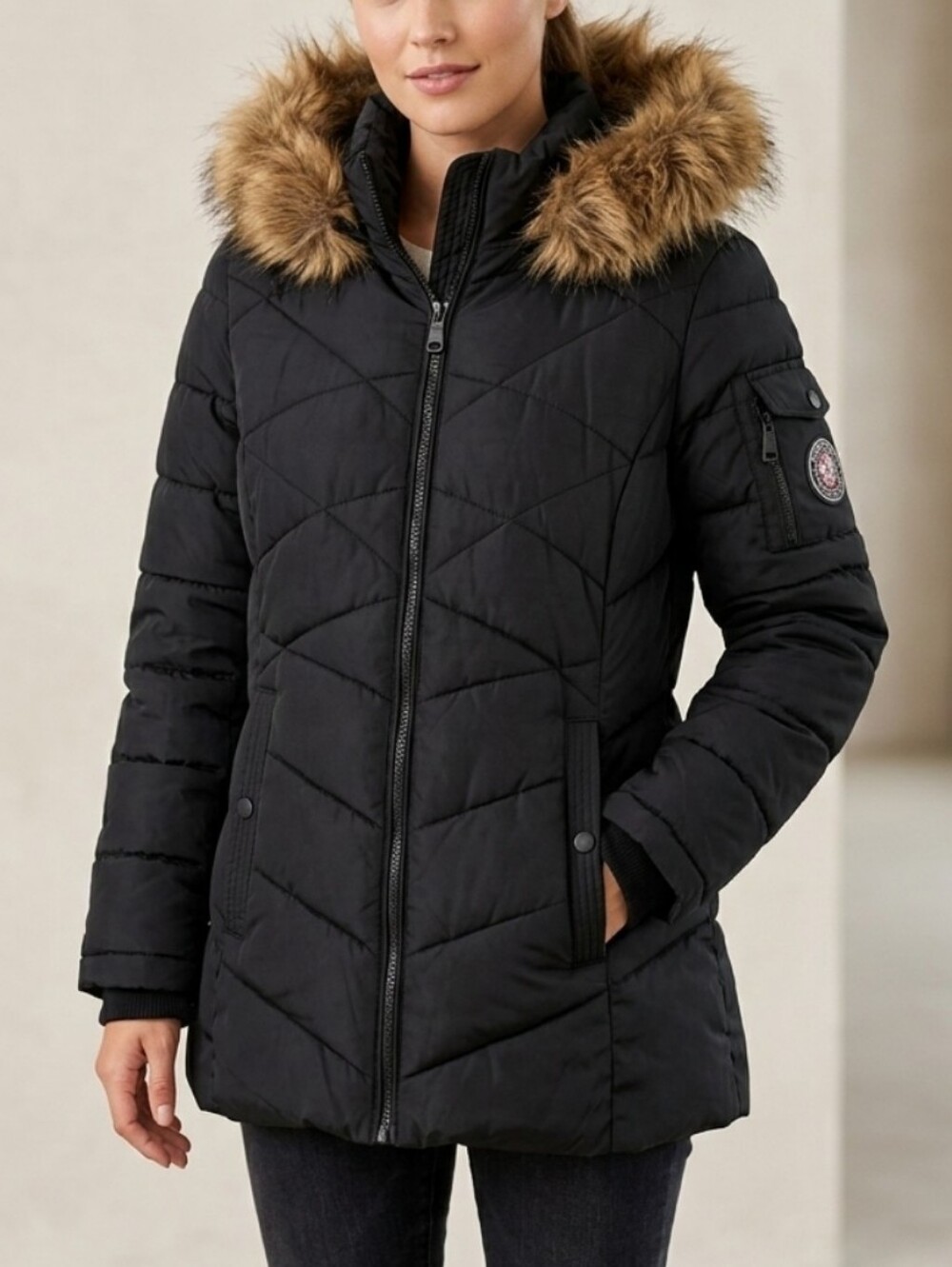 Madden NYC Thumbhole Fur Trim Puffer Jacket